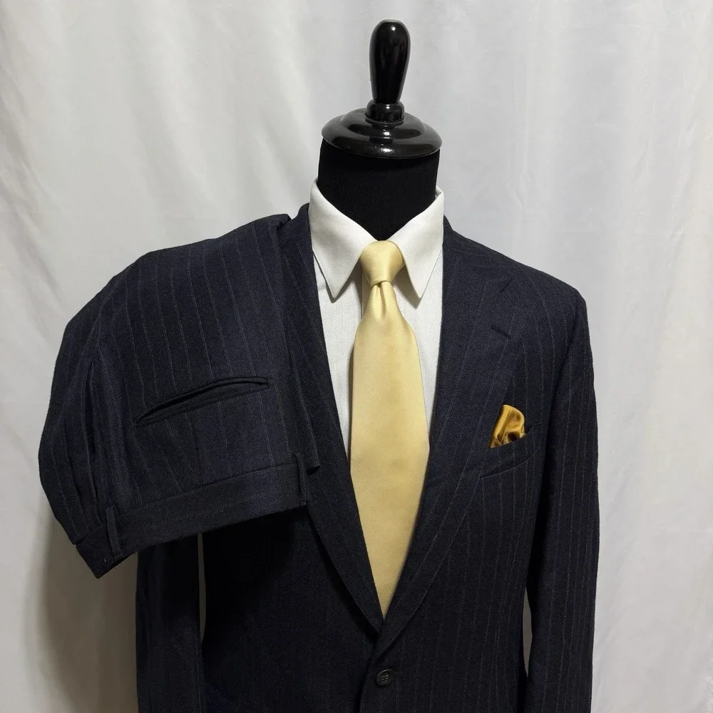 Vtg Chaps Ralph Lauren Tweed Suit Mens 42L 34x35 100% Wool Navy Stripe Union USA